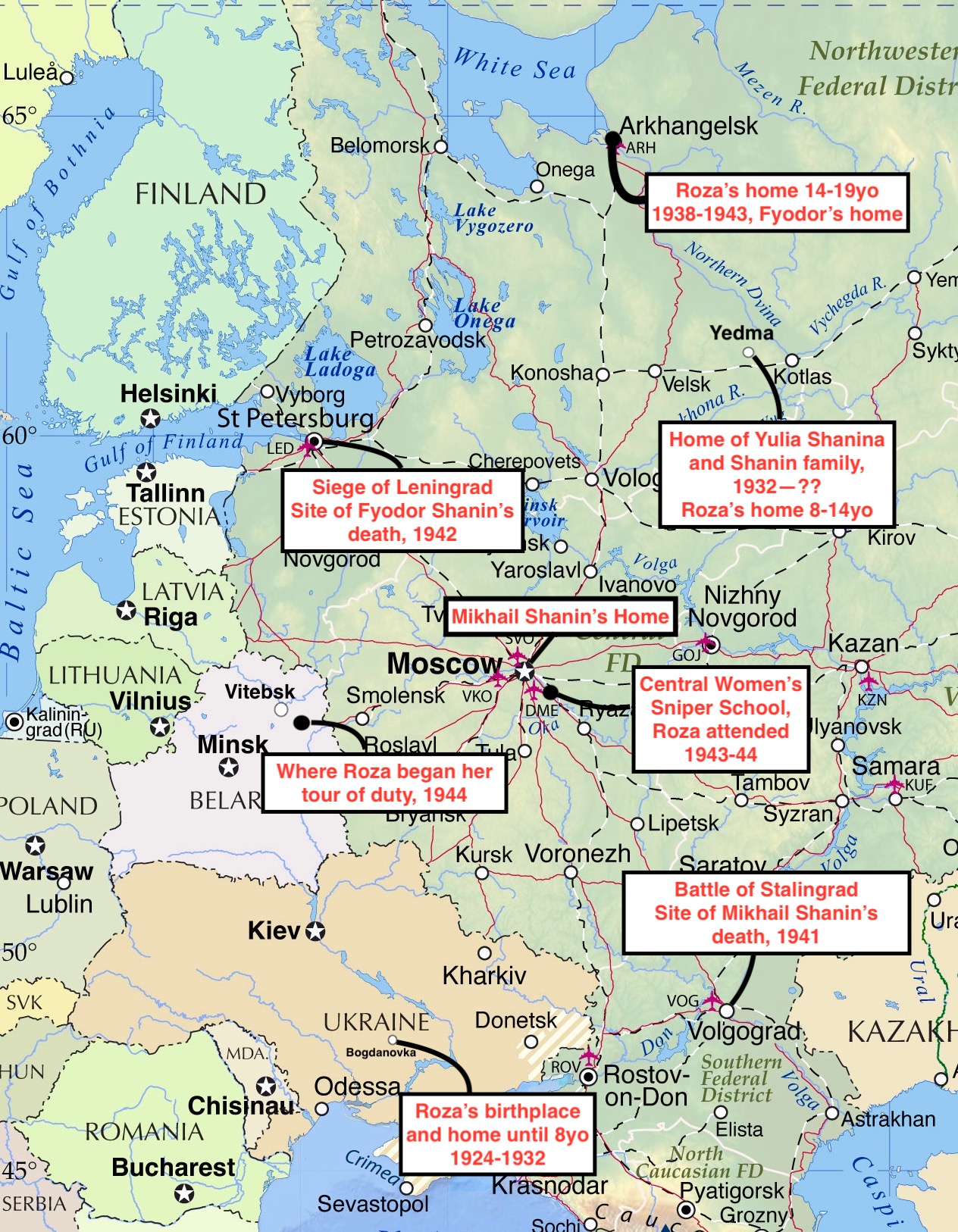 Photo of European Russia Map, showing places where Roza lived and sites where her brothers died