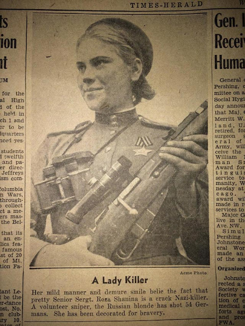 Photo of a Canadian newspaper article about Roza Shanina entitled 'A Lady Killer'