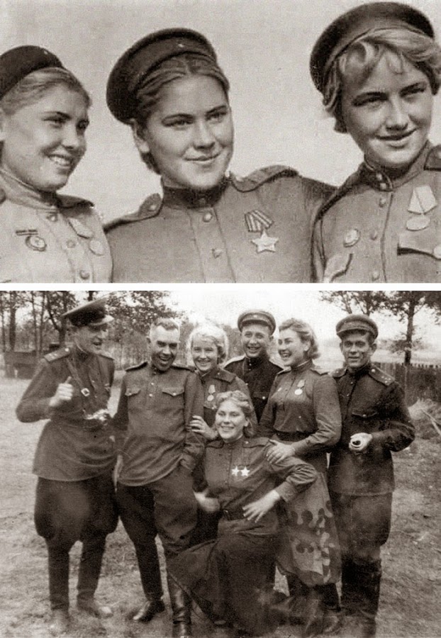 Photo of Roza Shanina with snipers and comrades in camp